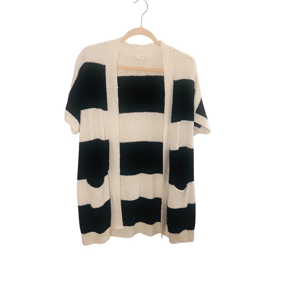 Vince Camuto Black & White Striped Open-Front Short Sleeve Cardigan